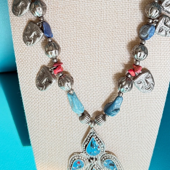 Angel Turquoise Angel Cross Pendant Necklace with Pewter Mask Beads - Picture 8 of 8